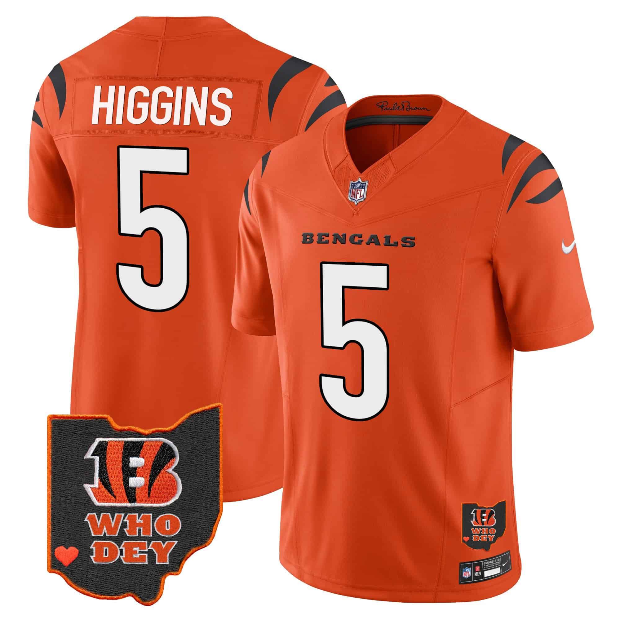 Men Cincinnati Bengals #5 Higgins Orange 2024 Nike Patch Vapor Limited NFL Jersey